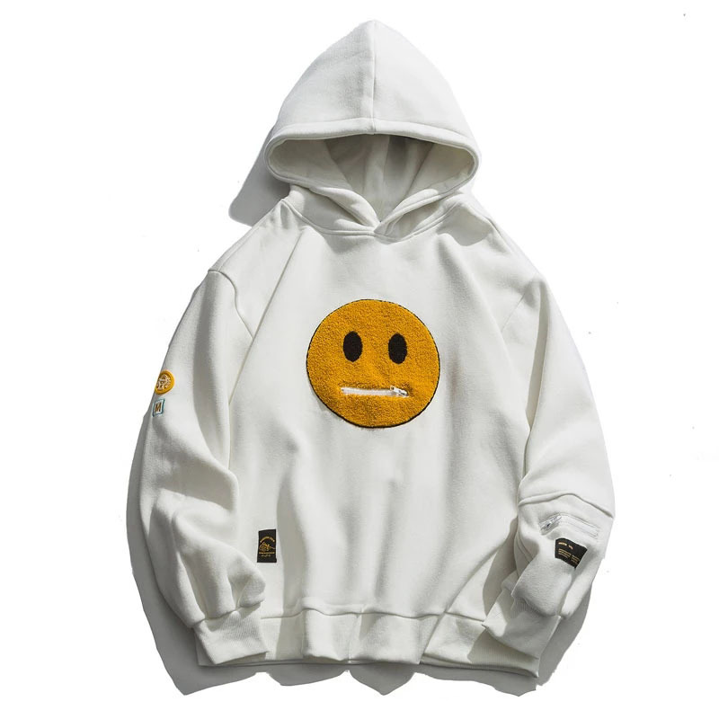 Zipper Smile Face Patchwork Fleece Hoodie