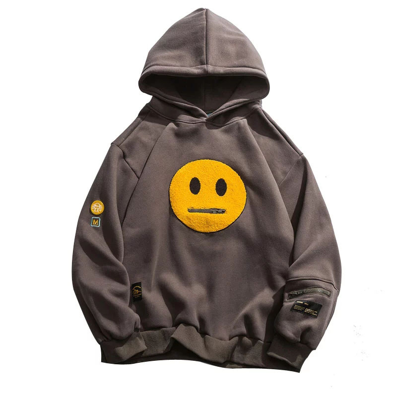 Zipper Smile Face Patchwork Fleece Hoodie